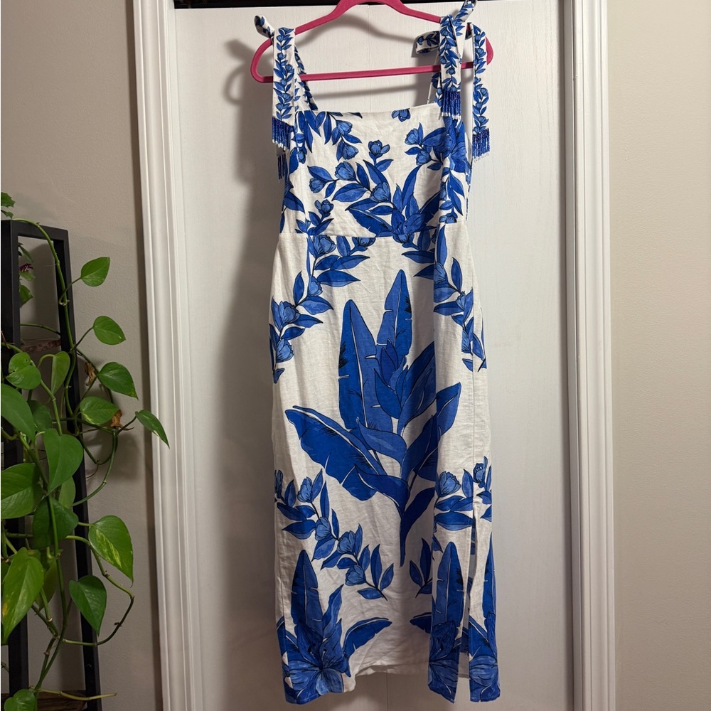 CALYPSO ST. BARTH Resortwear Beach Linen Blend Tropical Dress Blue/White - Picture 3 of 16